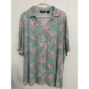 Lands End Womens Plus Size 2X Floral Tropical Short Sleeve VNeck Green Pink Top